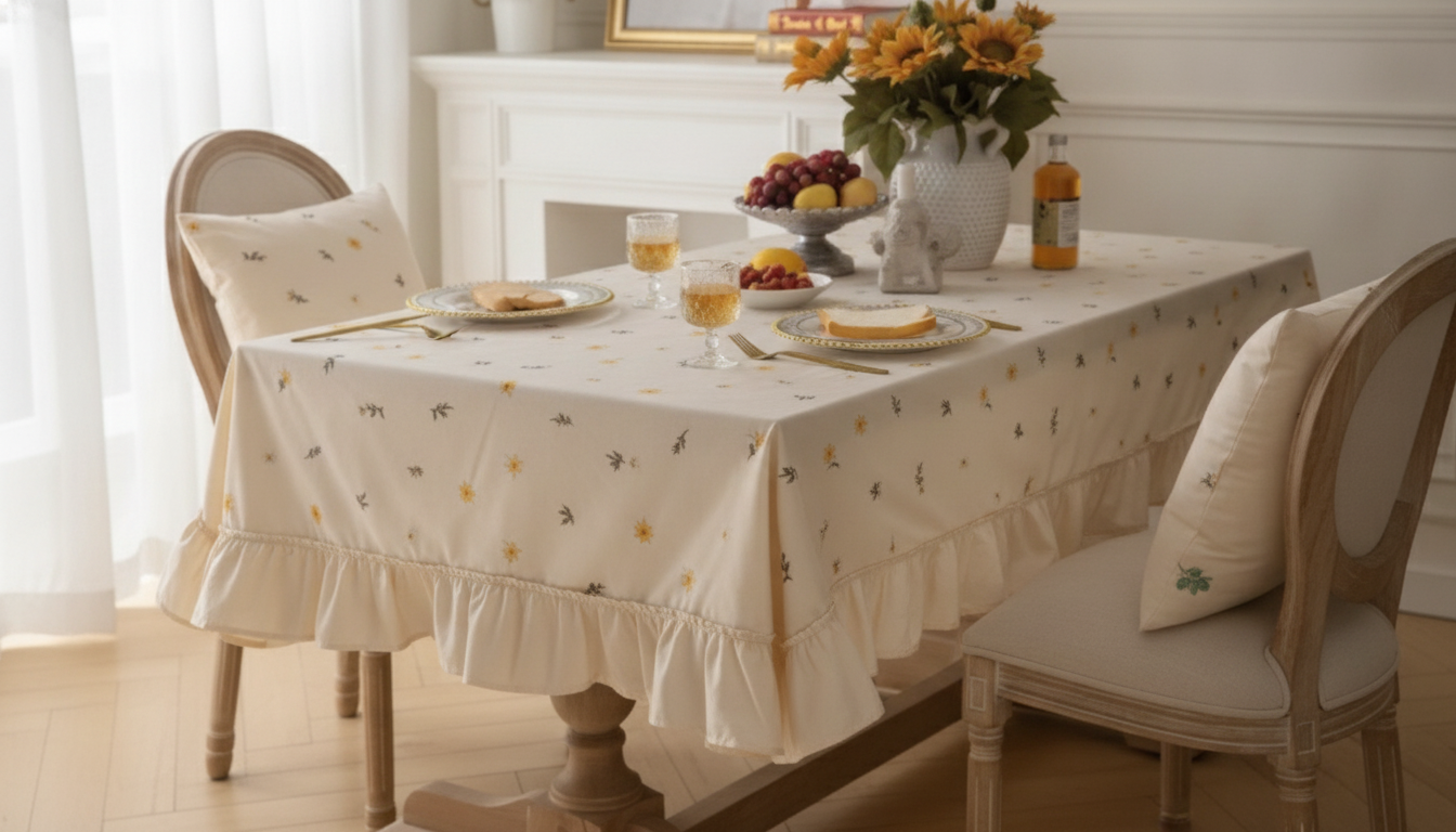 Apricot Embroidered Cotton Tablecloth with Lotus Edge