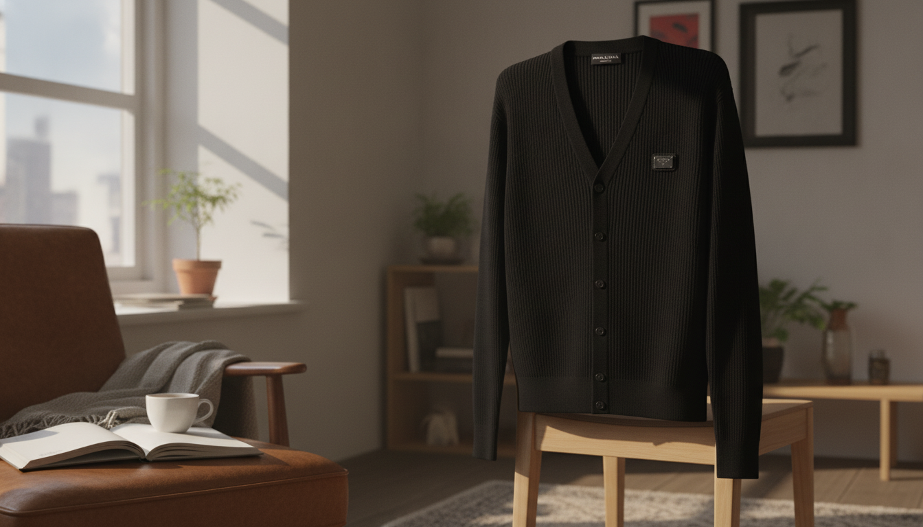 Prada Ribbed Wool V-Neck Cardigan with 3D Logo Plaque