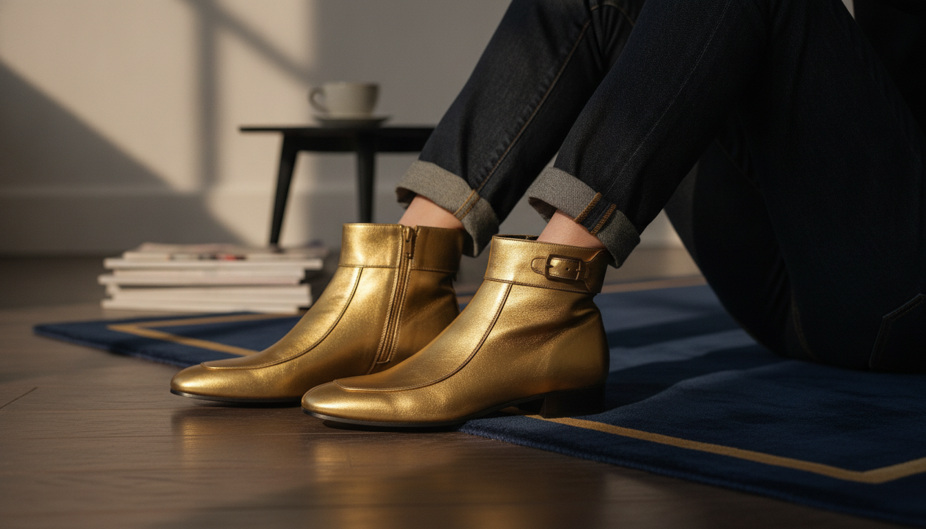 Saint Laurent Gold Ankle Boots: Buckle Strap & Rear Zip