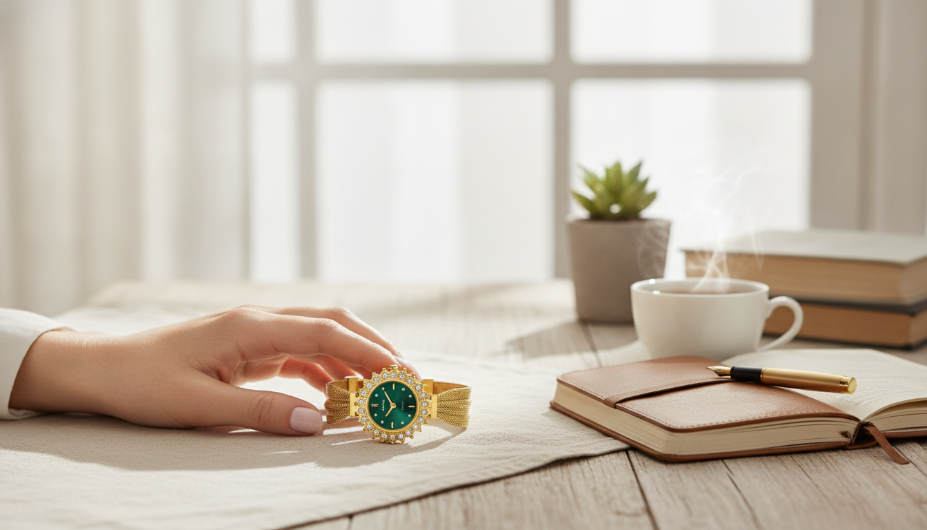 Gold Mesh Quartz Watch for Women with Rhinestone Dial