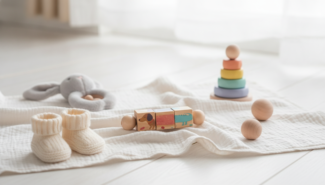 Wooden Montessori Teether Rattle with Cartoon Blocks